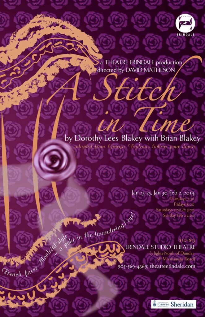 Poster for a theatre production of A Stitch in Time featuring an illustrated corset and a flower wallpaper background.
